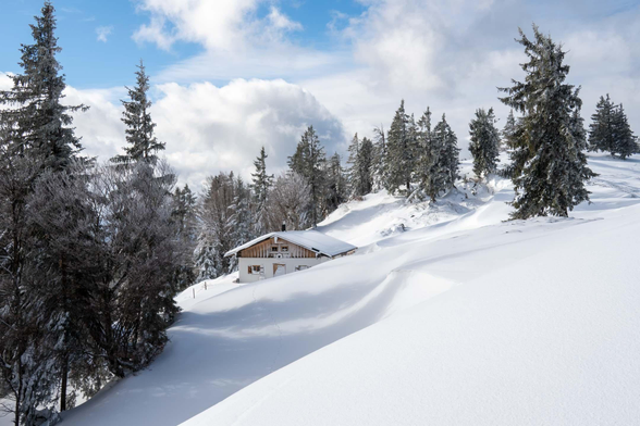 A winter wonderland unfolds beneath a soft, cloud-dappled sky, where sunlight gently filters through the gaps, casting a dreamy glow over the snow-laden landscape. Towering evergreens, heavy with fresh powder, stand sentinel along the rolling hills, their dark green branches contrasting beautifully with the pristine white blanket covering the ground. Nestled in the valley below, a charming wooden chalet exudes warmth and coziness, its sloped roof dusted with snow, inviting thoughts of crackling fires and steaming mugs of cocoa.

The winding path leading to the chalet, carved through the snow, adds a sense of adventure, as if beckoning hikers or skiers to explore this serene alpine retreat. The air feels crisp and still, carrying the quiet magic of a secluded mountain escape, where time slows and nature’s tranquility takes center stage. A perfect snapshot of winter’s peaceful embrace.