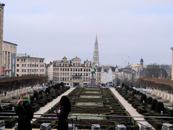 A view along Mont des Arts / Kunstberg, in Brussels with a grey, cloudy sky in the background.