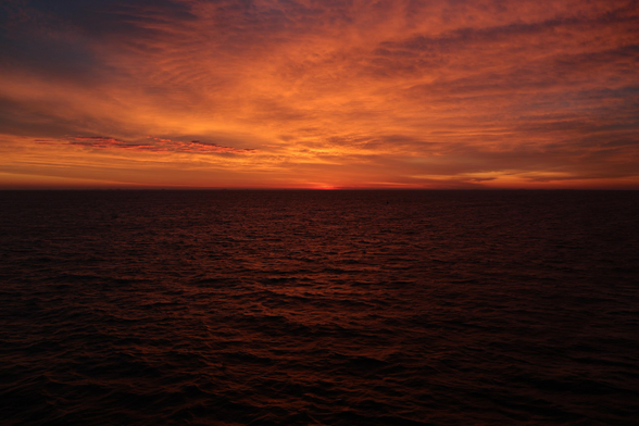 Ein Sonnenaufgang über der Nordsee auf Amrum im November 2025: Das warmrote Licht beleuchtet die aufziehenden Wolken und wird vom leicht bewegten Wasser reflektiert. Die Stimmung ist friedlich.

Sunrise over the North Sea on Amrum in November 2025: the warm red light illuminates the gathering clouds and is reflected by the gently moving water. The atmosphere is peaceful.