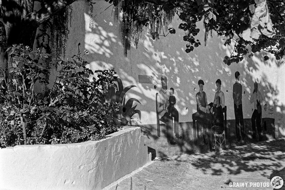 A black-and-white image featuring a village plaza with a white wall. Shadows cast by foliage and a mural of human figures amidst green plants. The composition highlights the interplay of light and shadow in a tranquil outdoor setting.