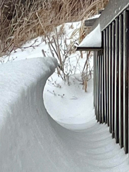 Shot from 2 feet off the ground at the base of a sea-wall on a lake. On the right is a 3-foot metal wall. On the left is a 2-foot tall snow drift in the shape of a wave. You are looking down the “tube” at a perfect semi-circular drift. It looks like a wave crashing into the wall.