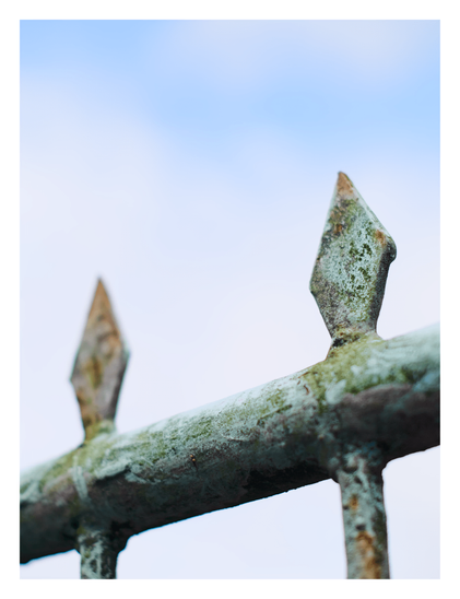 A weathered metal gate against a pale blue sky. The gate features spear-shaped finials on top of vertical bars. The metal is heavily textured with age, showing a mix of brownish rust and a greenish patina or lichen. - Google Gemini 3 Pro Preview