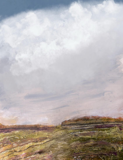 Das Foto zeigt eine in mixed media-Technik gemalte Landschaft. Im Vordergrund ineinander übergehende Weiden und Äcker in Erd- und gedämpften Grüntönen, im Mittelgrund einige Hügel und darüber ein weiter und hoher Himmel mit starker Wolkenbildung.