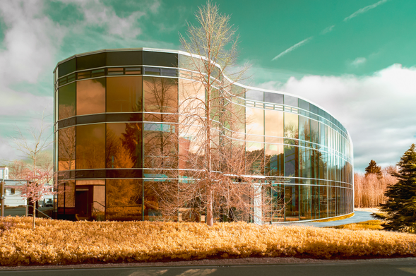 Dieses Bild zeigt eine Infrarot- Aufnahme eines modernen, geschwungenen Bürogebäudes mit einer Fassade aus stark reflektierenden, bernsteinfarbenen Glaspaneelen. Die Architektur wirkt glatt und futuristisch. Vor dem Gebäude befindet sich eine Reihe von kahlen Bäumen und niedrigem, dichtem Buschwerk, das durch die spezielle Farbgebung des Fotos eine intensive, fast goldgelbe bis orangefarbene Tönung aufweist. Der Himmel darüber ist in einem auffälligen Türkisgrün gehalten, was dem Gesamtbild eine surreale oder künstlerisch bearbeitete Ästhetik verleiht. Die Szene wirkt ruhig und leicht stilisiert durch die Infrarot-Aufnahme, die die natürlichen Farben stark verändert hat.