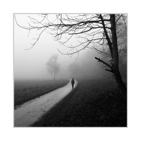 Square black-and-white photograph. A pale path curves from the lower left into the center distance, cutting through a dark, flat field. A lone person walks away from the camera along the path, positioned near the middle of the frame. Dense fog fills the background, softening the horizon and partially obscuring a few bare trees that appear as faint silhouettes. On the right edge, a large tree trunk and a network of leafless branches extend across the upper portion, framing the scene against the bright, misty sky.