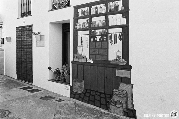 A black-and-white mural depicting a vintage shop, featuring jars, bottles, and various goods, set against a white wall. Potted plants add a touch of greenery beside a door and window.