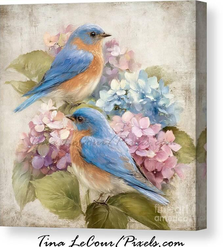 This is a spring canvas of a pair of a eastern bluebirds perched in some pretty blue and pink hydrangea flowers. 