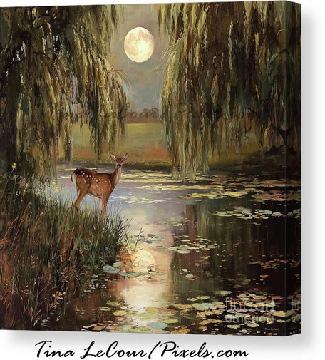 This is a canvas of a pretty doe standing near the rivers edge under a full moon surround by weeping willow trees.