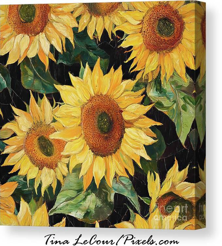 This is an impressionism style canvas of some big yellow sunflowers against a black background done in the style of Monet.