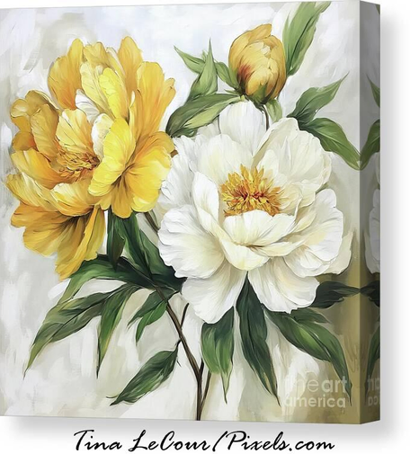 This is a canvas of some pretty yellow and white peony flowers against a soft textured background. 