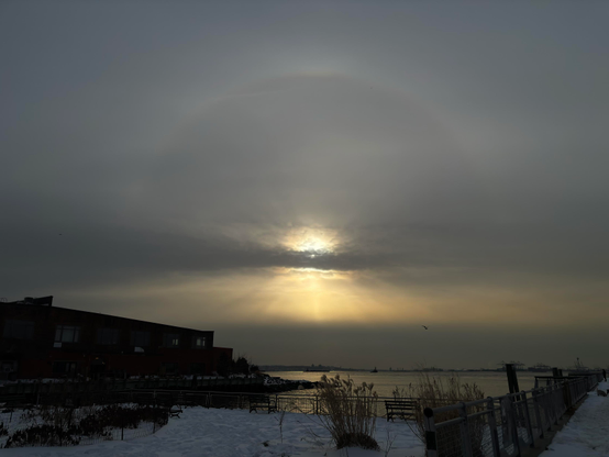Last in a series of views of a sunbow over a wide bay. A strip of clouds obscures the sun without dimming the arc of the halo above or the crepuscular rays below. In the foreground is a section of a park, with clumps of plants poking out of the snow-crusted ground. At left and right respectively, a low warehouse and a snow-covered pier push out into the water.
