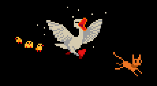 Pixel art scene. Diagonally, from left to right, over black background:
- Three oblivious low res goslings
- Angry goose running and opening its beak and wings
- Small cat escaping

Well, maybe they're ducks, I don't know.