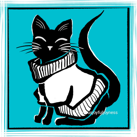 Painting of a black cat in a chunky white sweater against a blue background and a white and black frame is in the edges. The @joyousjoyfuljoyness watermark is at the bottom right.
