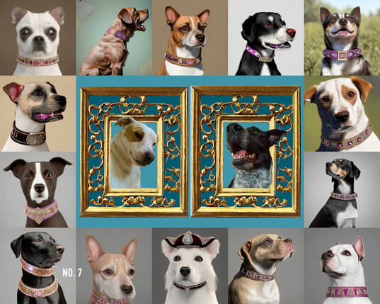 a collage containing 14 small pictures of dogs in jeweled collars, these pictures created by the artist, @elizabethk@toad.social, collaborating with AI.  In the center are portraits of Niko and Gracie in beautiful golden frames.  