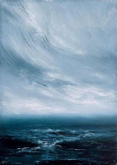 Original seascape oil painting by Tisha Mark, "To Dream by the Sea No. 2510" 7"x5" oil on Ampersand Gessobord (2025). An atmospheric textured seascape with white cloud formations over a dark blue sea with a rocky shore.