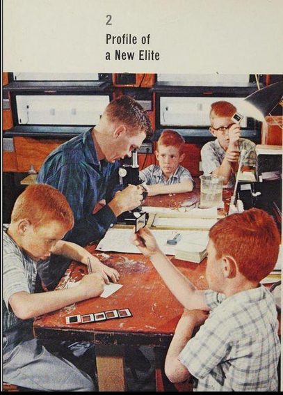a color photo that shows a white man looking into a microscope with 4 white boys sitting at a desk around him. at the top there's text that says "profile of a new elite"