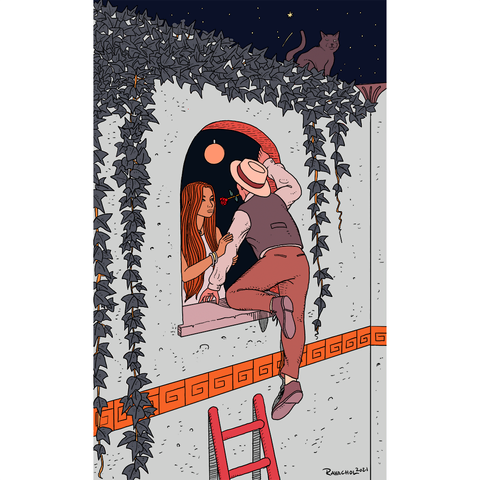 Man with a rose in his mouth climbing up to a window where a woman is standing holding his arm.