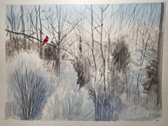 A quiet winter woodland fades into mist, slender gray trunks and frosted grasses layered in soft washes of blue and brown, while a single red cardinal perched on a dark branch provides a vivid focal point against the muted landscape.