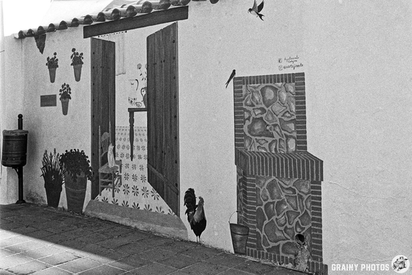 A black-and-white mural depicting a rustic open doorway, potted plants, a stone wall, and a chicken. The scene captures a charming, traditional atmosphere, blending elements of nature and everyday life.