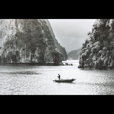 A fisherman in the Halong Bay, black&White photo , Vietnam