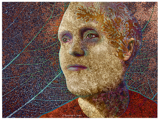 Graphite, colored pencil, some digital of a human face and shoulders. Highly textured in browns, golds and red. Drawn flowering, growing shapes overlap the head. Behind, the skeleton of a leaf.