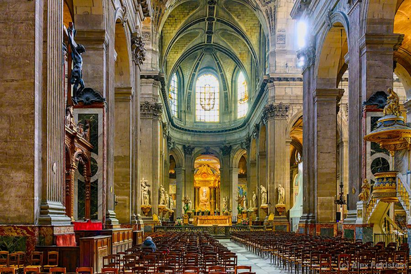 Inside the main nave at Saint Sulpice, a church in Paris