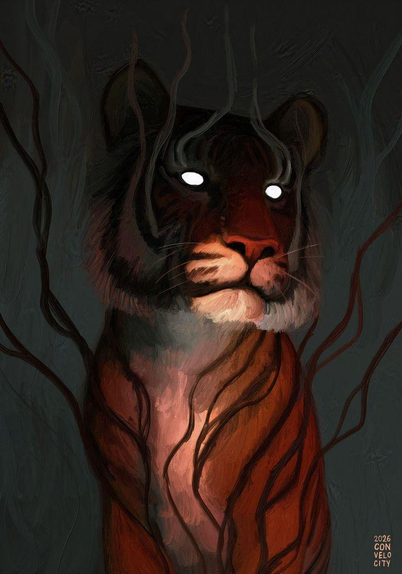 Painting of an orange tiger with white glowing eyes. Its stripes extend to the background. Strong fierce big cat energy. The model was Stinker's sister Diva watching me go to the loo at 2 in the morning.
