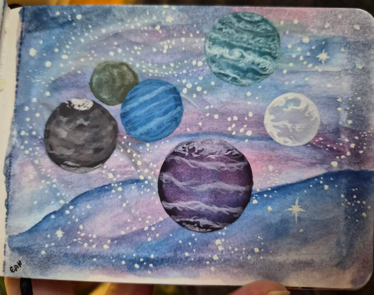 oops almost forgot caption, this is my mini watercolor featuring 6 planets in a starry nebula, main colors blues, purple, green and white 