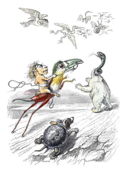 Imaginary creatures, including a tortoise with a dog’s head, a crossbreed between a bear and a snake, and an ape‑like animal with hoofed feet riding a half‑insect, half‑bird steed are seemingly chasing an equally motley flock of animals flying above them.