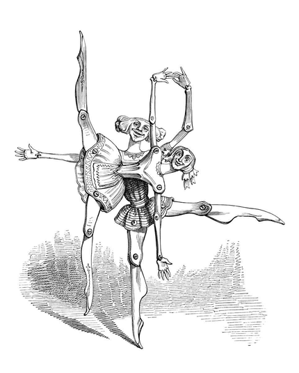 Two puppet dancers with flat bodies and loose rivets for arm and leg joints perform a figure involving variants of the arabesque position.