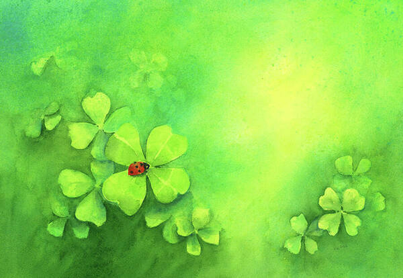 A lucky day is a watercolor painting in landscape format painted by artist Karen Kaspar
The watercolor painting is built up of many layers of different bright fresh green tones and shows the abstracted detail of a wildflower meadow with many four-leaf clovers. On one of the clovers sits a red ladybird with black dots. Due to the strong complementary contrast between red and green, this little lucky ladybird is the focus of the picture and attracts attention. The four-leaf clovers and the ladybird are symbols of luck. I wish you that this picture brings a lot of luck and joy into your home.