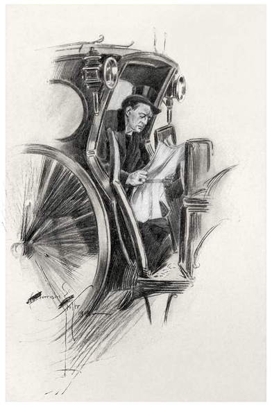 A man in a top hat and overcoat sits in a cab, reading a newspaper with a troubled expression.