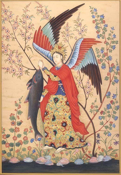 l’archange Raphaël parmi les fleurs, tenant un poisson au bout d’un hameçon