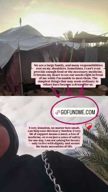Image features a person in a black head covering with a silver chain, in front of a shanty encampment. Text overlays request donations via a GoFundMe link to help provide food and medicine for a large family in need.