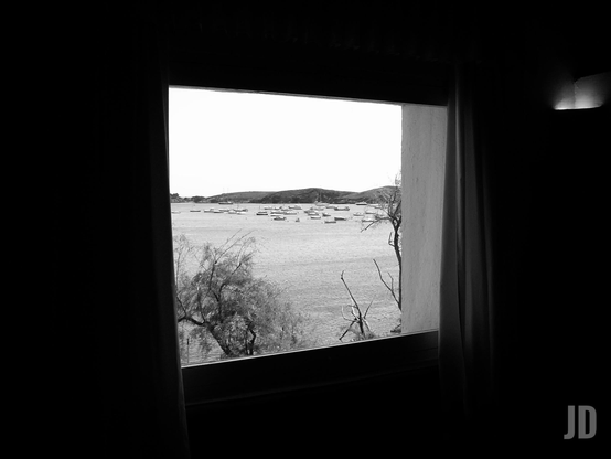 La imagen muestra una vista en blanco y negro desde el interior de una habitación a través de una ventana. Afuera se ve un paisaje costero con varios barcos anclados en el agua y colinas al fondo, mientras que ramas de árboles aparecen parcialmente en primer plano junto a la orilla.