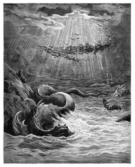 A large, serpent-like marine creature swims at the surface of the sea, its body skimming a nearby rock. In the distance, a flock of seabirds is caught in beams of light emanating from a break in the clouds. 