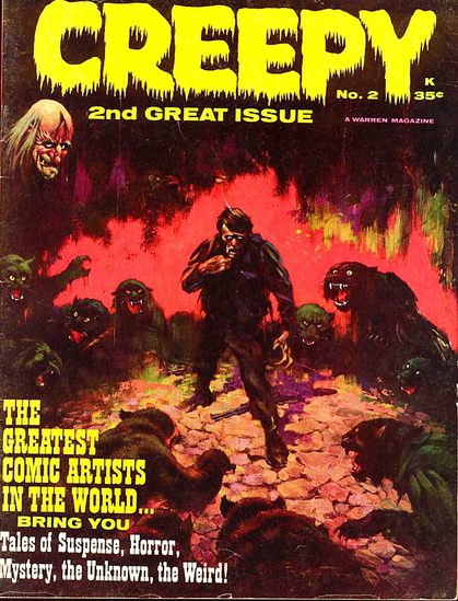 A male figure with glowing white eyes stands in a dark setting, surrounded by by creatures which look like wolves/cats/bears and which also have glowing white eyes.
Creepy magazine cover April 1965.
