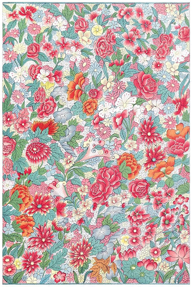 Color lithograph depicting a densely patterned decorative design featuring a variety of flowers, including peonies, roses, and chrysanthemums, interspersed with foliage. The author describes this design as "Chinese only from the scheme and colouring", suggesting an Indian influence in form and line.