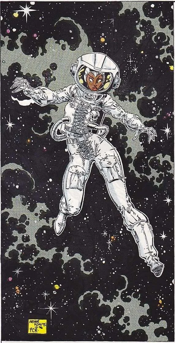 The image depicts a cartoon illustration of the X-men character Storm as an astronaut floating in space. The astronaut is wearing a futuristic, form-fitting spacesuit with intricate patterns and details, such as large padded joints and a helmet with a clear visor. The background features a starry sky with various sized stars scattered across it, set against a swirling pattern resembling clouds or nebulae in shades of white, black, and grey. 