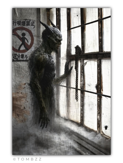 A haunting digital artwork created in ZBrush using the PaintStop plugin, steeped in a somber and melancholic atmosphere.
​The image depicts a figure known as Kuro—a name reflecting the deep shadows of his existence. He is a humanoid being with a dark, weathered skin texture reminiscent of charred wood or cracked, ancient earth. Crowned with two prominent, sharp horns, Kuro’s physical form appears transient; his lower body dissolves into a thick, spectral mist that clings to the floor like heavy smoke.
​Kuro stands in profile by a tall, grime-covered window, one hand resting wearily against the frame in a posture of profound contemplation or longing. In the background, a weathered sign on the stained wall displays a Japanese "No Smoking" warning (行喫煙禁止) alongside additional characters (区分煙ル), grounding the supernatural scene in a desolate, urban reality. On one of the lower panes of glass, a solitary fly is perched—a small detail that heightens the sense of stagnation and decay. The scene is bathed in a cold, diffused light, emphasizing Kuro’s isolation as a soul caught in the threshold between worlds.