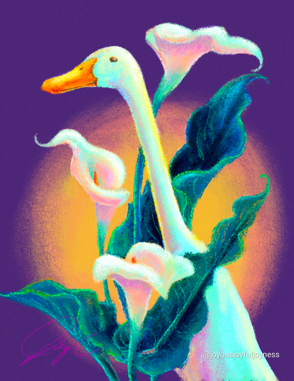 "Calla Runner," a painting of a Runner Duck facing left and standing among Calla Lilies. There's an orange glow behind the duck and flowers and the background is purple. The artist's signature and watermark are on the bottom left and right.