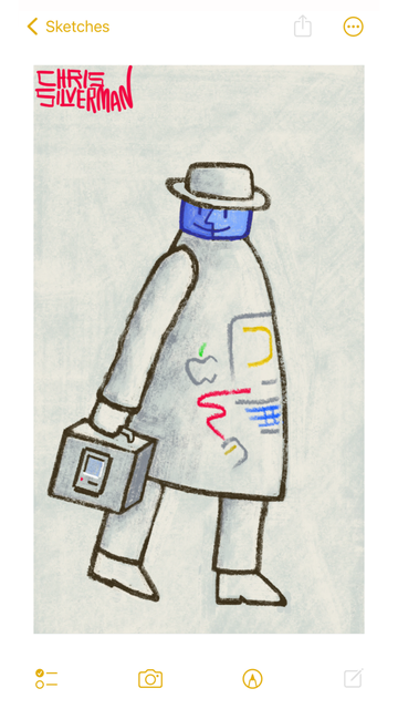A simple line drawing of a person with a large body and a small head. The person is wearing a hat with a brim. Their head is the blue Mac OS logo: the classic one that looks like a smiling face logo divided into two blue halves. They are carrying a suitcase with an icon of a small compact Mac on it. On the front of their shirt is a minimalist, colorful painting of a compact Mac. For the most part, though, the composition is a canvas-colored tan. This, as some might recognize, is Mr Macintosh, a drawing initially commissioned by Steve Jobs from the Belgian artist Jean-Michel Folon. He wasn't carrying a System suitcase in the original version, though. The painting is signed "Chris Silverman".