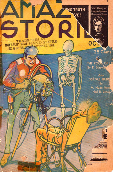 A man aims a device on a tripod at a cat-like creature, apparently unconscious in a chair, beaming red light at it. A skeleton stands upright nearby apparently sentient.
Amazing Stories magazine cover from 1934.
