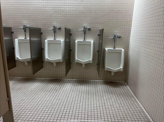 trois urinoirs identiques suivis d’un plus bas pour garçonnets évoquent irrésistiblement le motif d’ouverture de la Cinquième Symphonie de Beethoven : trois notes brèves suivies d’une longue (Sol sol sol mi fa fa fa ré)