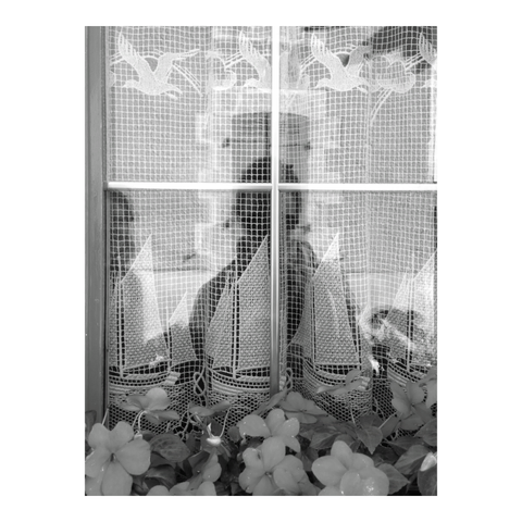 Self-portrait of the photographer reflected in a window with pretty crochet curtains featuring drawings of boats and seagulls, with little geranium flowers in front. (Version françæ) Autoportrait dal photographe en reflet dans æn fenêtre aox joliz rideaux en crochet avec des dessins de bateaux et de mouettes dedans, avec les petiz fleurs de géraniums devant.