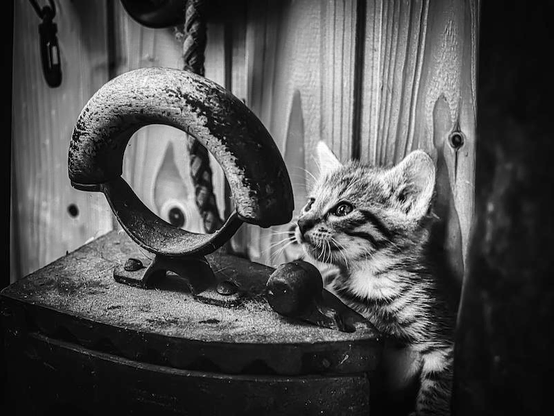 Eine junge, getigerte Katze taucht hinter einem uralten Bügeleisen hervor, welches noch mit heißer Kohle betrieben wurde. Sie schaut sehr neugierig aus und betrachtet der übergroßen Griff von diesem alten Bügeleisen. Das Foto ist in Schwarzweiß.