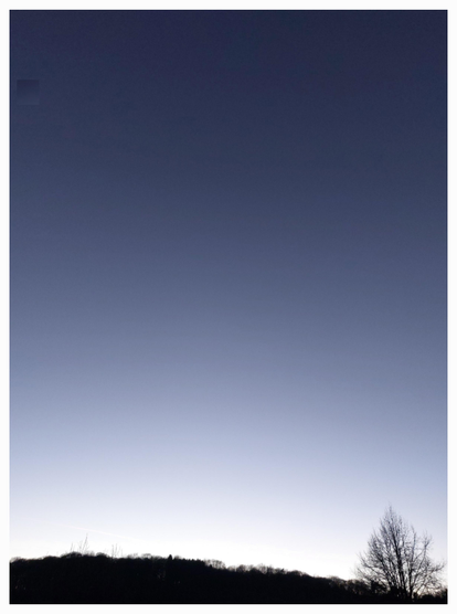 In the foreground of the picture, there is a black silhouette of a hill ridge and a single tree on the right. Above it arches a cloudless sky. It glows bright blue at the bottom, becoming darker and darker towards the top, almost black. Night is falling.