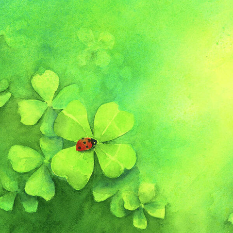 Ladybird on four-leaf clover is a detail from the watercolor painting A lucky day painted by the artist Karen Kaspar. The original painting was painted in landscape format. Here, a section in square format was chosen. Another cut-out in portrait format is also available in my shop. Choose for yourself which format fits best in your rooms.
The watercolor painting is built up of many layers of different bright fresh green tones and shows the abstracted detail of a wildflower meadow with many four-leaf clovers. On one of the clovers sits a red ladybird with black dots. Due to the strong complementary contrast between red and green, this little lucky ladybird is the focus of the picture and attracts attention. The four-leaf clovers and the ladybird are symbols of luck. I wish you that this picture brings a lot of luck and joy into your home. 