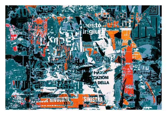 This is an abstract photo of a wall covered in posters. The colour scheme has deep teal, white, and vibrant pops of orange. There is fagmented Italian text like "SINISTRA" and "RIVOLUZIONE" visible on the posters peeks through the jagged, ripped edges. The textures appear gritty and distressed, with overlapping shapes and weathered paper effects.
