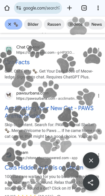 Screenshot of a Google search for the word "cat". Below the search bar is the row with filters, the first of them shows two little paws, this filter is activated in a blue background colour.
All over the screen are grey paw prints, some of a lighter grey, some in a darker grey, showing in different directions.